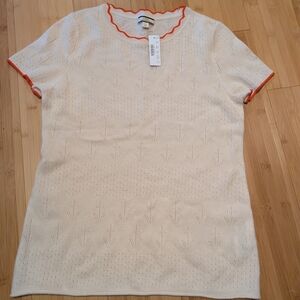 J. Crew Ivory Cashmere Pointelle Sweater with Coral Accents